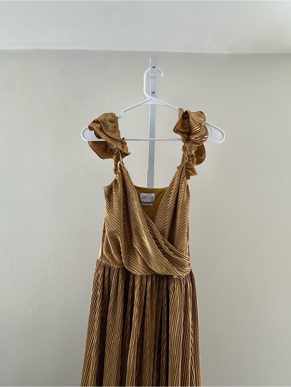SAYLOR Metallic Gold Ruffle-Shoulder Wrap Maxi Dress